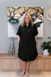 Elle Linen Shirt Dress - Black