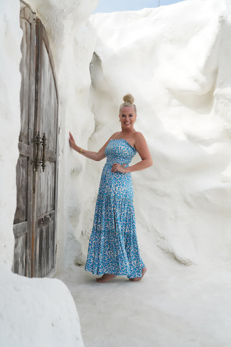 TABOO STRAPLESS MAXI DRESS | TURQUOISE LEOPARD | MS. H LIFESTYLE- PRE ORDER MID AUG)