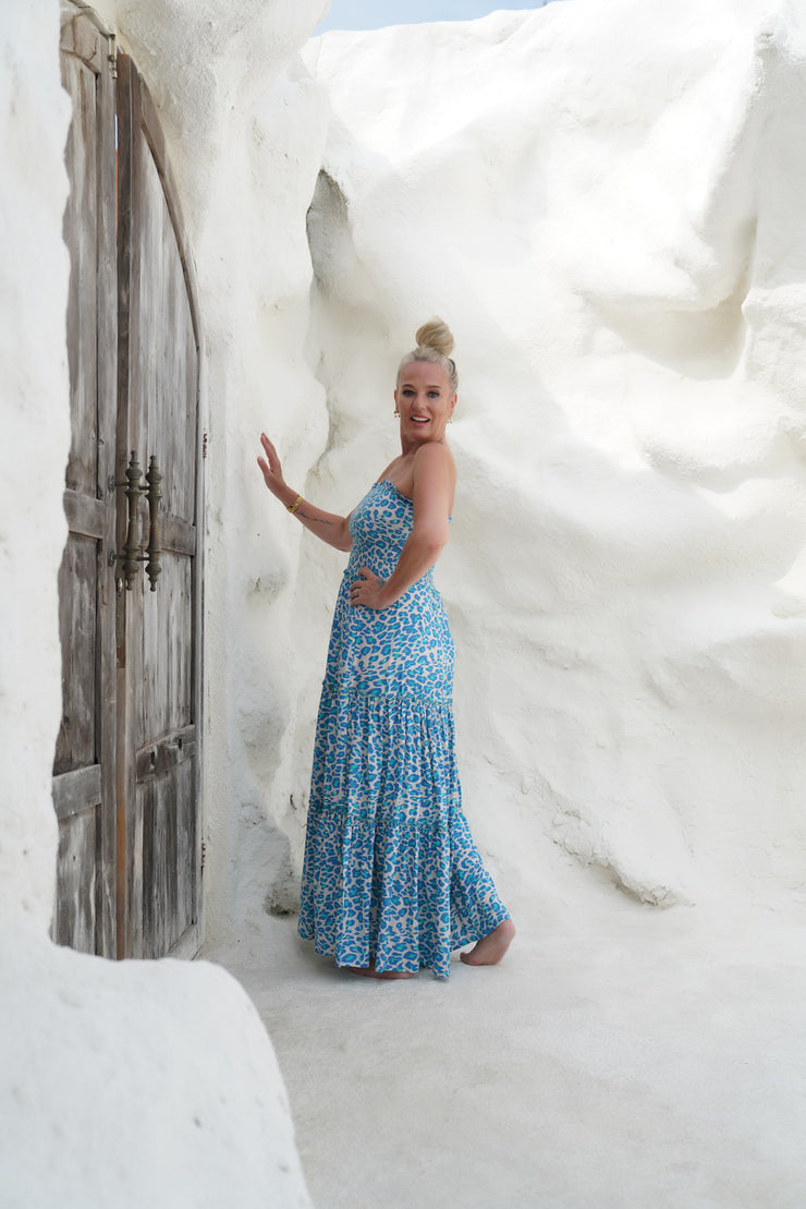 TABOO STRAPLESS MAXI DRESS | TURQUOISE LEOPARD | MS. H LIFESTYLE- PRE ORDER MID AUG)