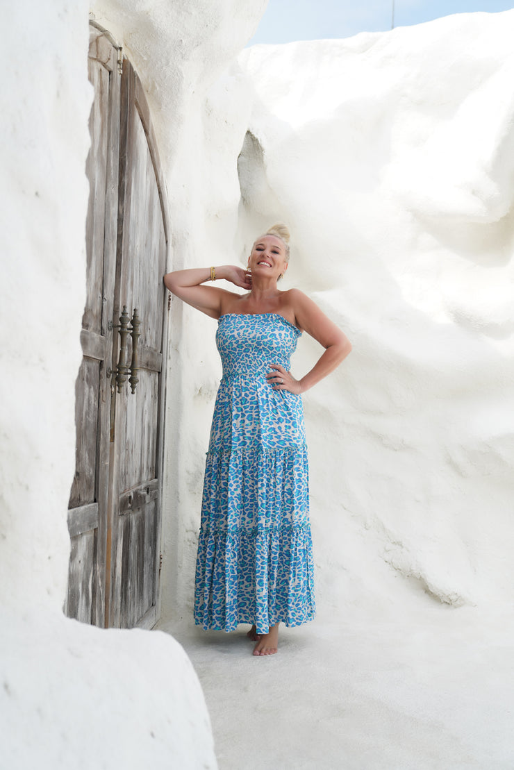 TABOO STRAPLESS MAXI DRESS | TURQUOISE LEOPARD | MS. H LIFESTYLE- PRE ORDER MID AUG)