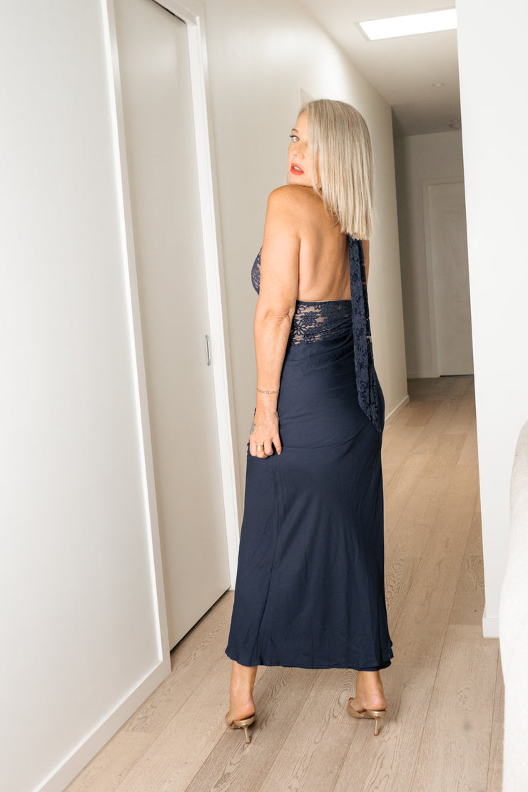 LINA HALTER DRAPED MAXI DRESS|NAVY