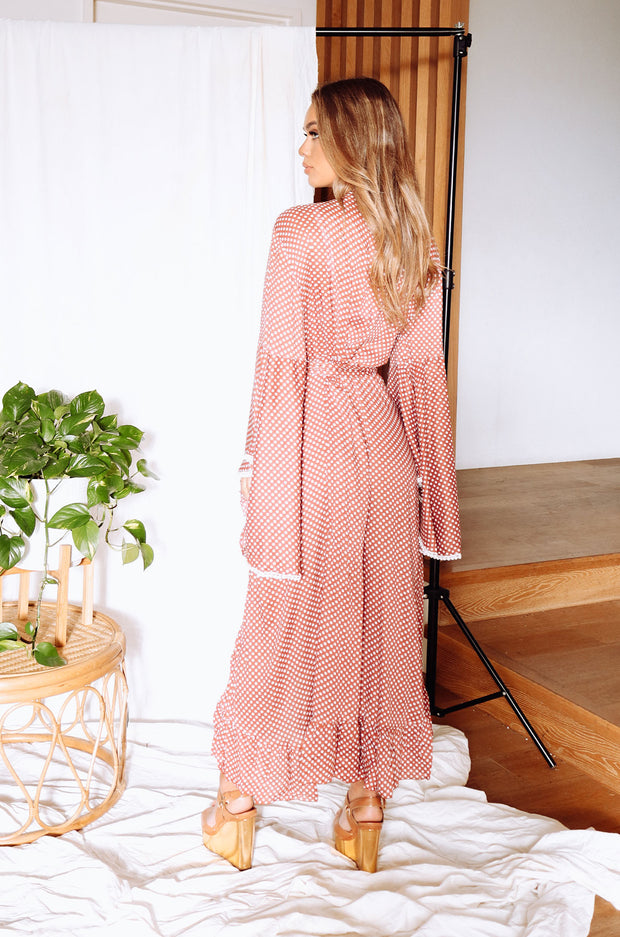 Megan Polka Dot Long Sleeve Dress - Terracotta