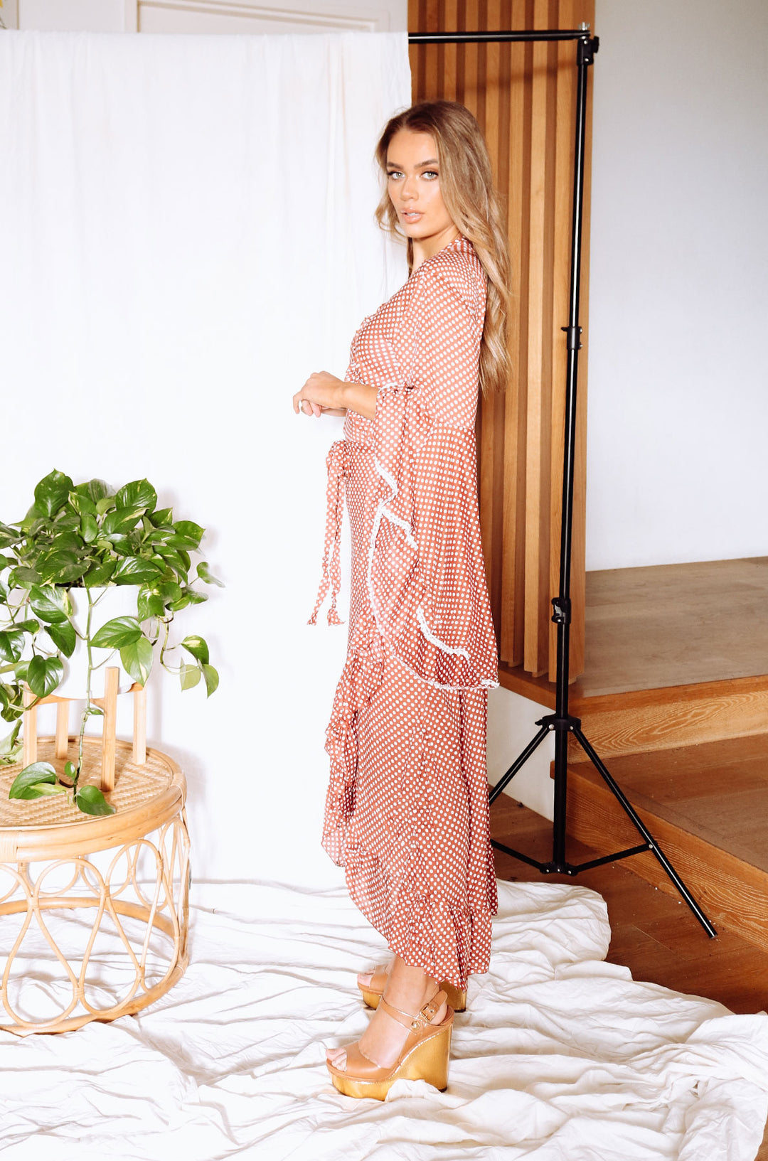 terracotta polka dot ruched front long sleeve bodycon dress Megan Polka Dot Long Sleeve Dress